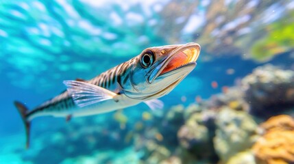 Naklejka premium Colorful Barracuda Swimming in Clear Tropical Waters