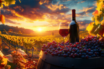 Wine and grapes against a vineyard sunset