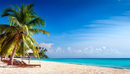Obraz premium Summer Resort Beach Sea Relax Travel Vacation Palm Tropic Copy Space Banner Background Hotel