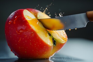 Sliced Apple with Knife and Juice Droplets