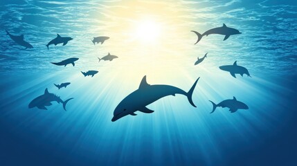 Underwater Scene with Dolphins and Sharks in Sunlight