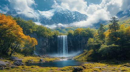 Waterfall and Mountain in a Lush Forest