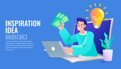 working at the computer. Making Money Online. Profitable Internet Project Vector outline Illustration. Successful full-time freelancer. Flat style.