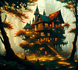 Obraz premium Atmospheric fairy tale fantasy house in the forest. Mysterious location. Mystical illustration. generative ai