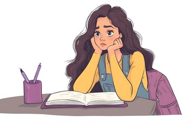 Bored sad student thinking and sitting at school desk. Girl at table tired of hard studying, funny scene from classroom with teenage pupil with thoughtful unhappy face cartoon vector illustration