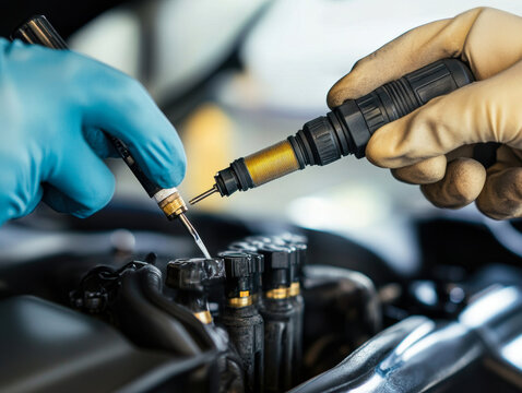 Mechanic inspecting fuel injectors in a garage