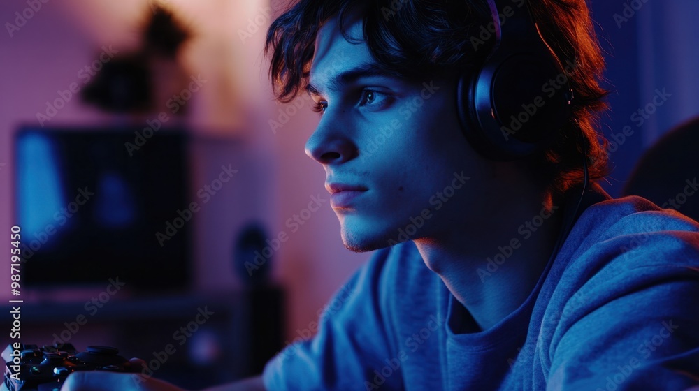Poster focused young man wearing a headset, playing an online multiplayer game with a controller in hand, i