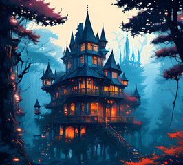 Obraz premium Atmospheric fairy tale fantasy house in the forest. Mysterious location. Mystical illustration. generative ai
