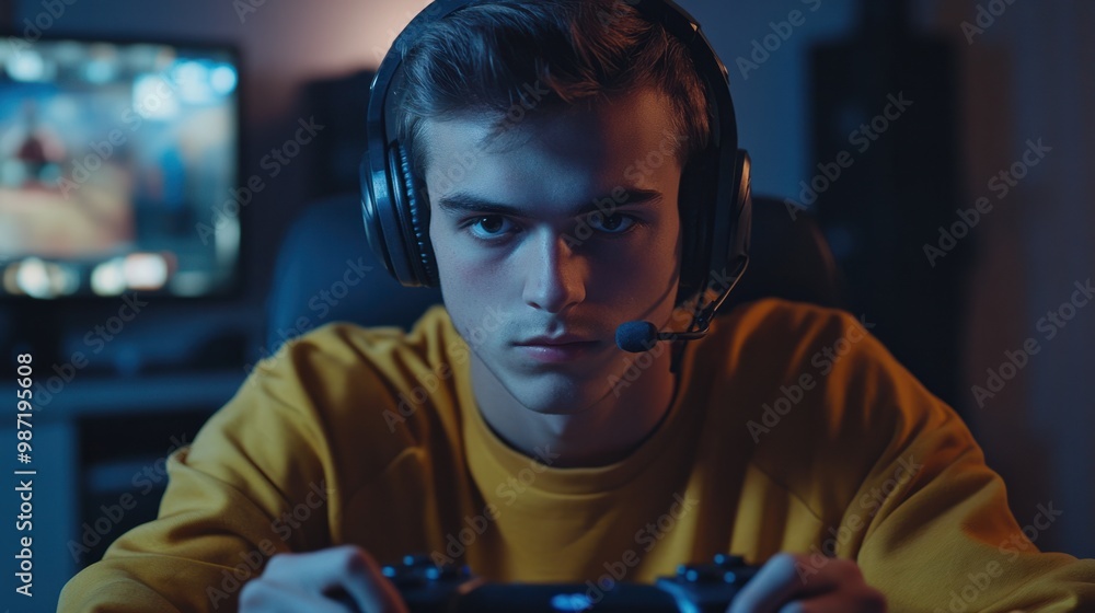 Poster focused young man wearing a headset, playing an online multiplayer game with a controller in hand, i