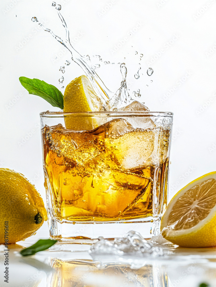 Poster refreshing drink splashing with lemon on a table