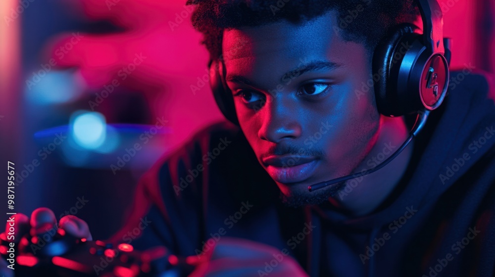 Poster focused young man wearing a headset, playing an online multiplayer game with a controller in hand, i