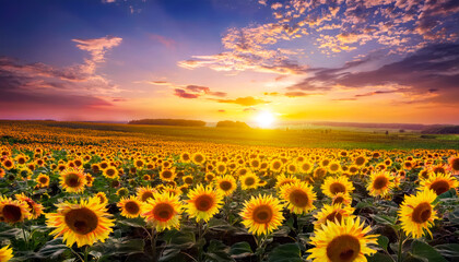 Obraz premium Sunflowers field landscape and sunset sky 