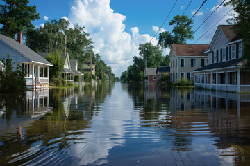 Obraz premium Flooded residential street, half-submerged houses, calm water reflecting clouds, suburban flooding, natural disaster concept