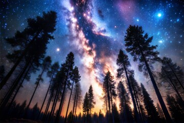 Fototapeta premium Magical night sky with milky way above tall forest