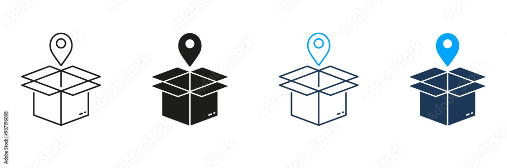 Poster order location line and silhouette icon set. pointer with box, shipping sign. pick up package icon. 