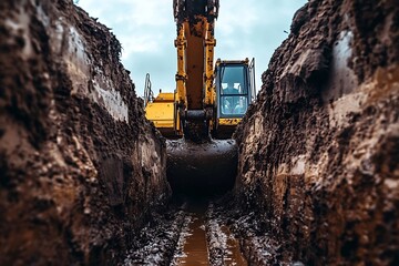 Close-Up of Excavator Digging Trench in Muddy Ground. Heavy Construction Equipment.