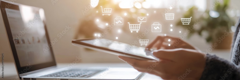 Poster a digital tablet displays an online shopping interface, facilitating a modern e-commerce experience 