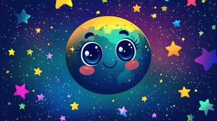 Fototapeta premium Cute cartoon earth with big eyes smiling surrounded by stars on a dark blue background.