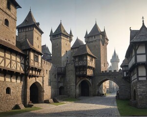 Fototapeta premium Panoramic View of Deserted Medieval City: Grand Castle and Fading Sunset