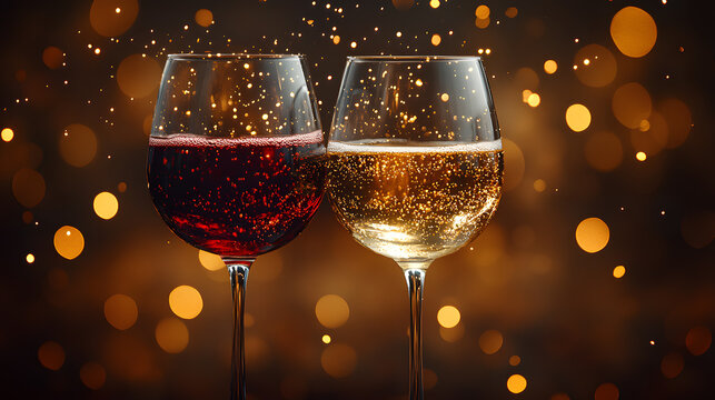 Celebratory toasting with sparkling wine in elegant glasses, set against a festive sparkling background.