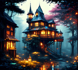 Fototapeta premium Atmospheric fairy tale fantasy house in the forest. Mysterious location. Mystical illustration. generative ai