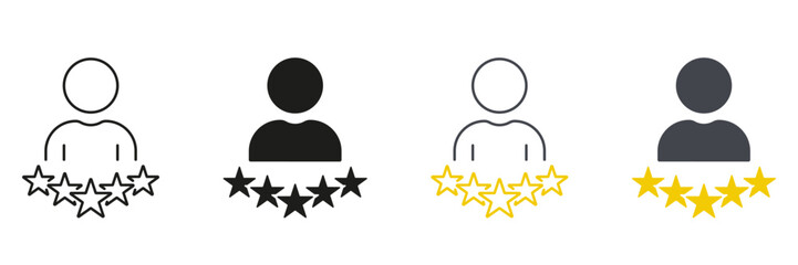 Person with Stars Line and Silhouette Icon Set. Best Feedback for Business Service. Customer Satisfaction Pictogram. Success Review, User Rating Symbol. Editable Stroke. Isolated Vector Illustration