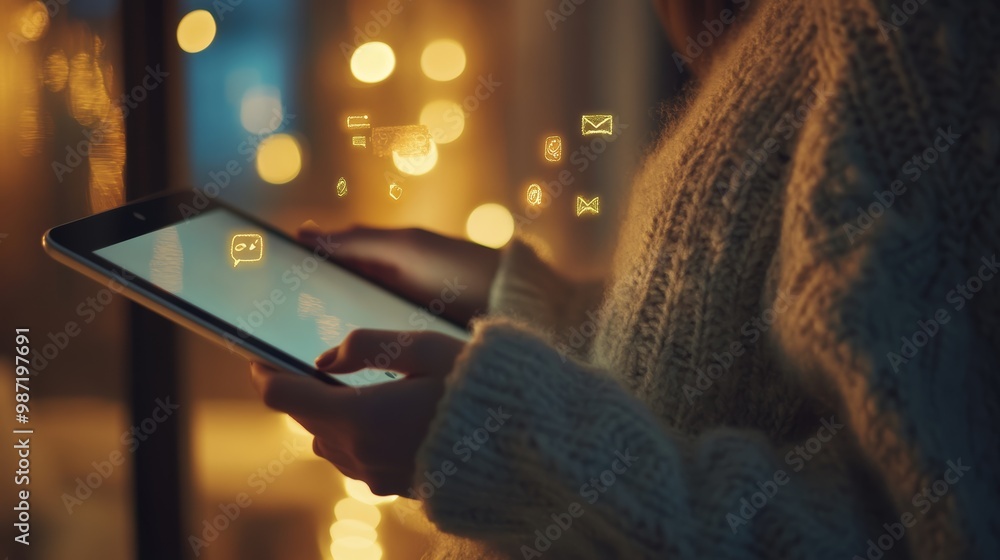 Poster Using a tablet on a wintry evening for digital communication, engaging actively with emails and social media.