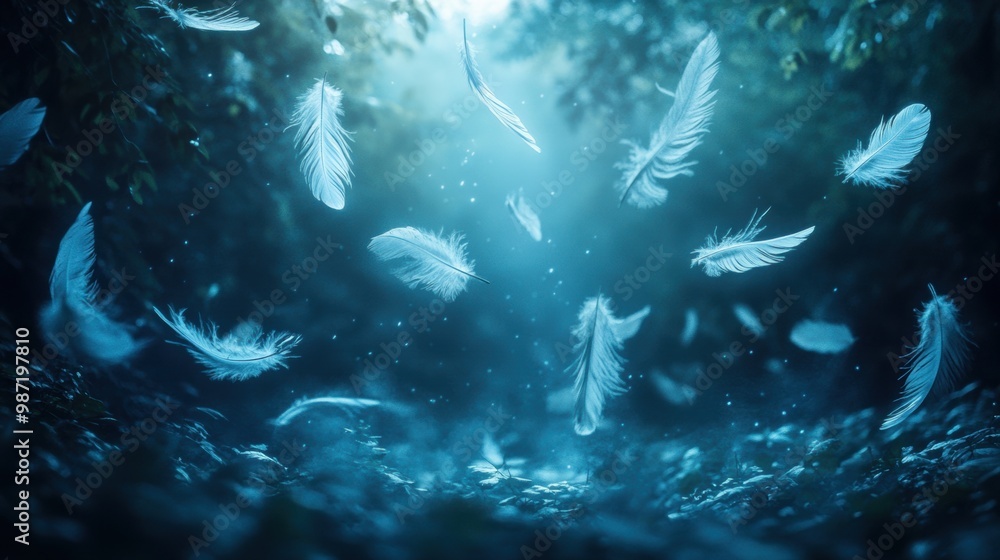 Poster feathers floating in magical forest setting, creating ethereal and enchanting atmosphere perfect for background with copy space