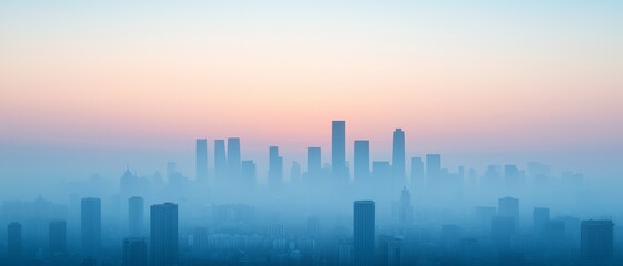 Fototapeta premium A serene skyline shrouded in mist at sunrise, showcasing urban beauty with soft pastel hues and silhouette of towering buildings.
