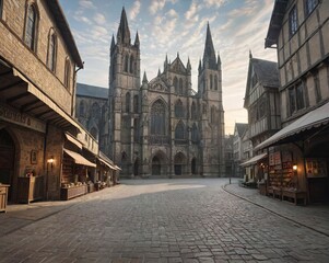 Fototapeta premium Abandoned Medieval Market Square: Stone Shops and Gothic Cathedral at Dusk 
