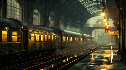 Cinematic Rails: A Stunning Illustration of a Train with Dramatic Lighting