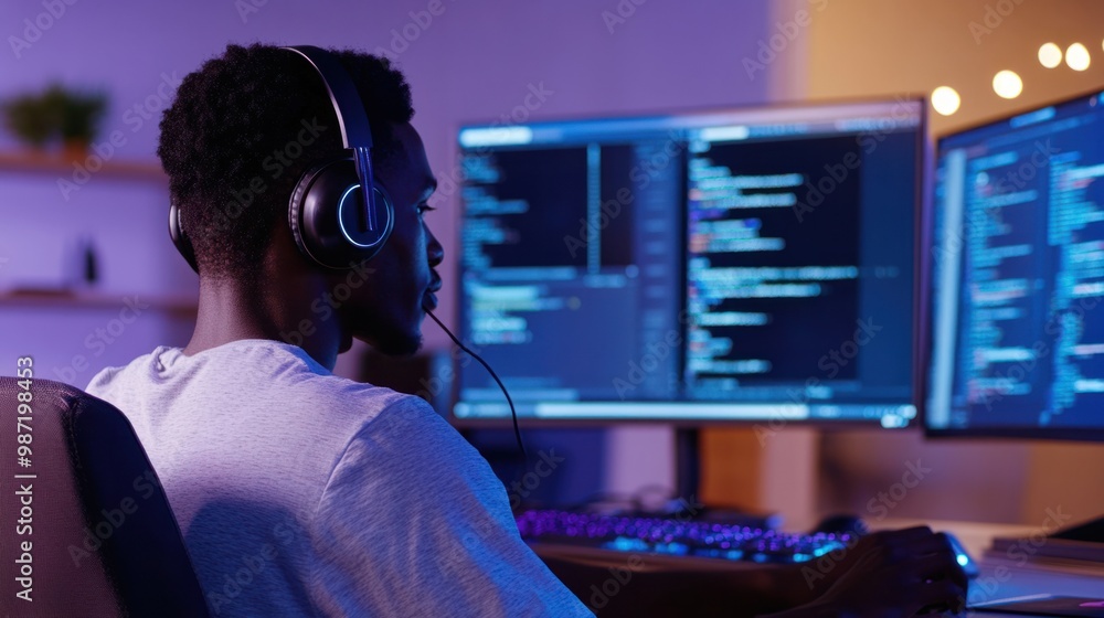 Poster young man sitting at his desk, wearing a headset while working on a complex project with multiple sc