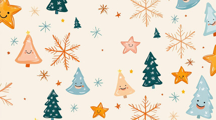 Whimsical holiday pattern featuring smiling trees, stars, and snowflakes on a soft beige background, ideal for festive designs