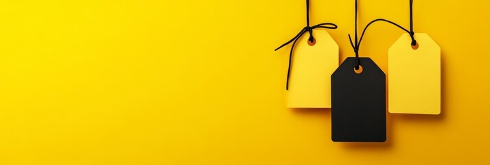 Sleek wide yellow background showcasing yellow and black tags for Black Friday, enhances ad visuals.