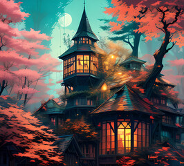 Obraz premium Atmospheric fairy tale fantasy house in the forest. Mysterious location. Mystical illustration. generative ai