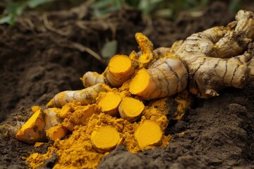 Obraz premium Yellow Turmeric root herb nutrient food for healthy , ai