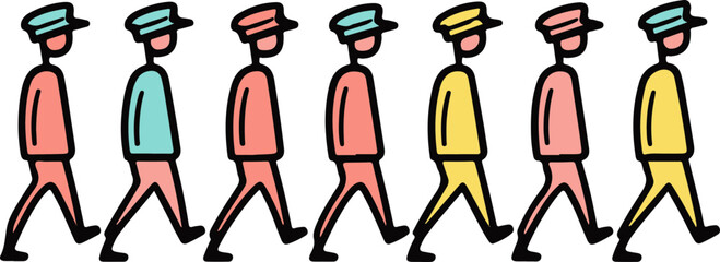 Fototapeta premium Colorful Stylized Characters Walking in a Row