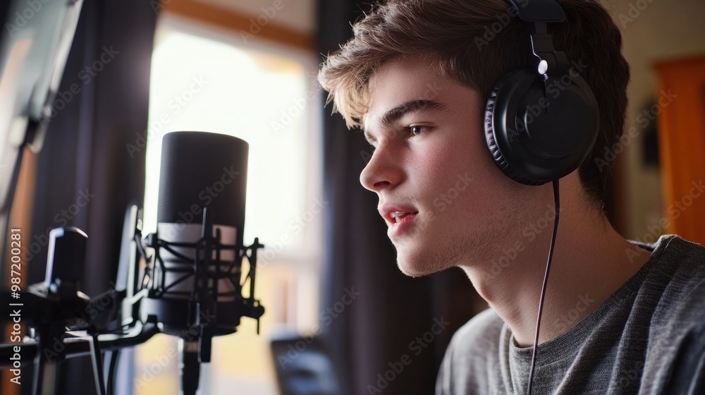 Poster young man wearing a headset while recording a voiceover in a home studio, concentrating on the scrip
