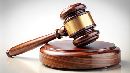 The wooden gavel is positioned on a polished sound block, symbolizing authority and justice often seen in courtrooms during legal proceedings