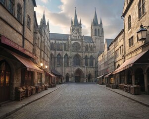 Fototapeta premium Abandoned Medieval Market Square: Stone Shops and Gothic Cathedral at Dusk 