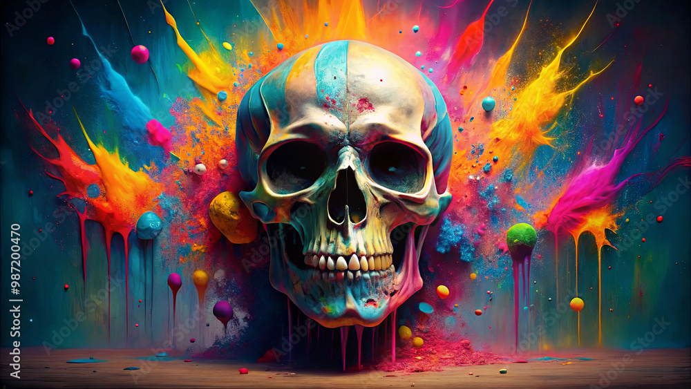 Poster a colorful skull dominates the artwork with splashes of paint and vibrant hues exploding around it, 