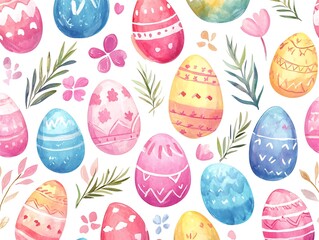 Easter egg frame background with leaves, watercolor