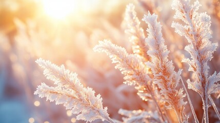 Hoarfrost on the leaves. Beautiful frozen plants. Natural winter texture. Macro nature. Grass with ice crystals on natural blurry bokeh background