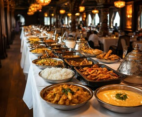 A feast of diverse dishes elegantly displayed in a restaurant setting, showcasing rich colors and textures inviting diners to indulge in a culinary experience.