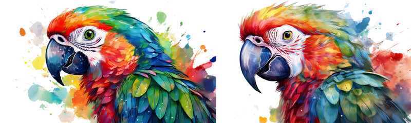Fototapeta premium Two vibrant watercolor portraits of parrots showcasing bright feathers and intricate details, capturing the beauty of exotic birds.