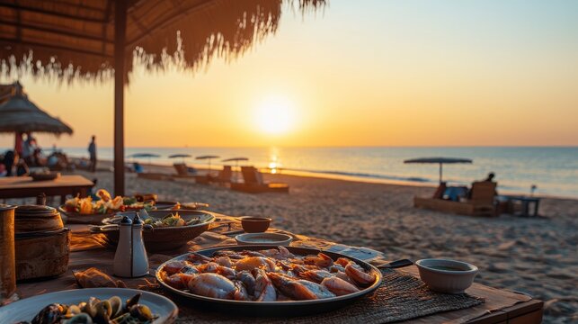 A seaside dining experience featuring sushi and sunset views, creating a perfect atmosphere for relaxation.