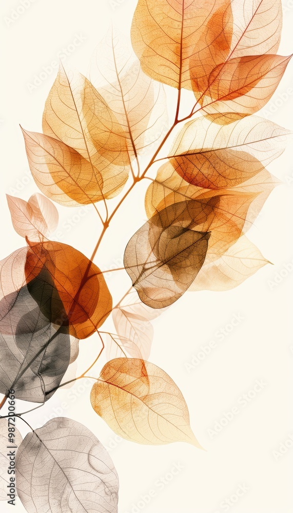 Poster minimalist autumn abstract with delicate transparent leaf shapes in soft muted tones on white backgr