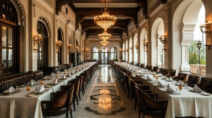 A luxurious dining room with a long table, elegant chandeliers, and ornate architecture, creating a sophisticated atmosphere.