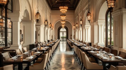 A luxurious dining hall with ornate chandeliers, elegant decor, and long tables set for meals, showcasing a blend of classic and modern architectural design.
