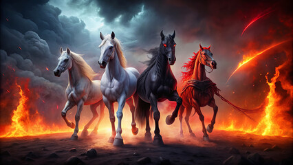 Fototapeta premium Four majestic horses, one white, one black, and two striking reds, charge through flames and ash, showcasing ferocity and beauty in an apocalyptic setting